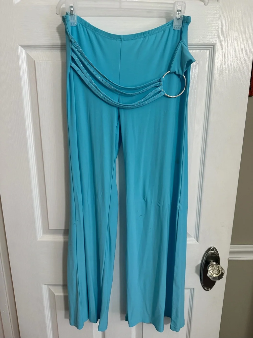 Women’s Turquoise Wide-Leg Pants with Ring Accent,Large, silky
